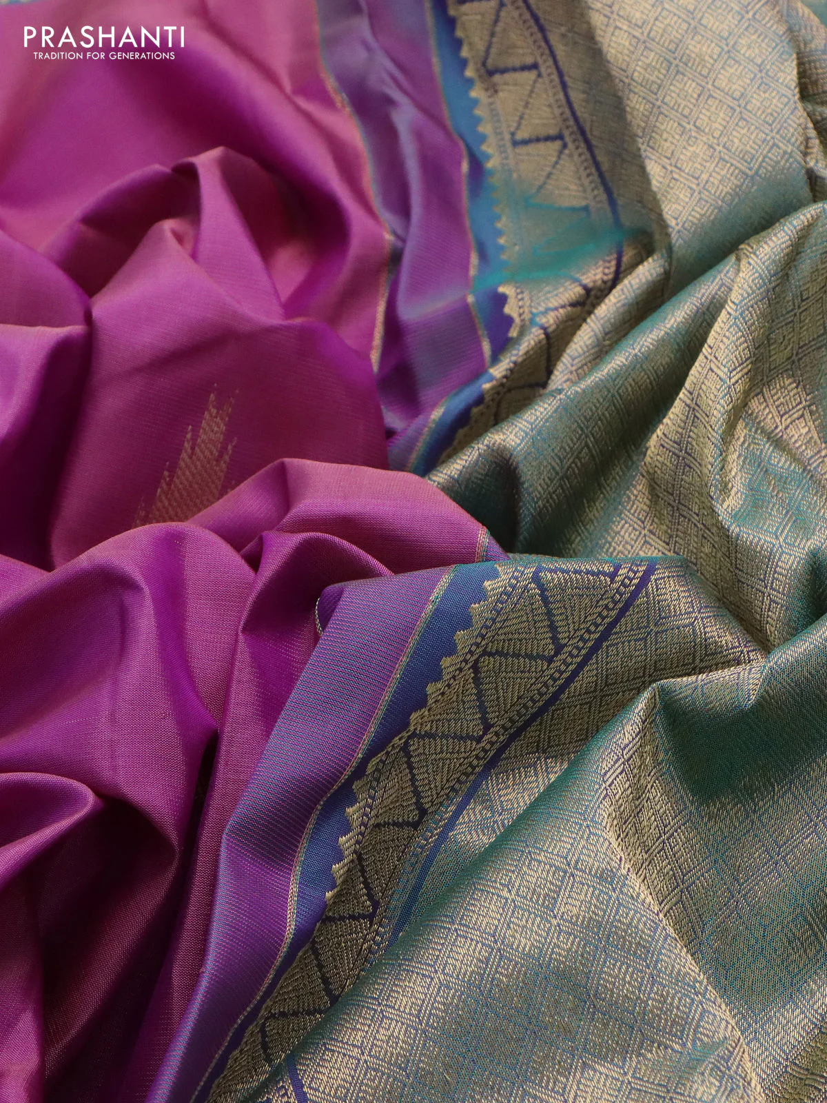 Pure kanchipuram silk saree mauve pink and teal blue with zari woven buttas and rettapet zari woven border - Image 3
