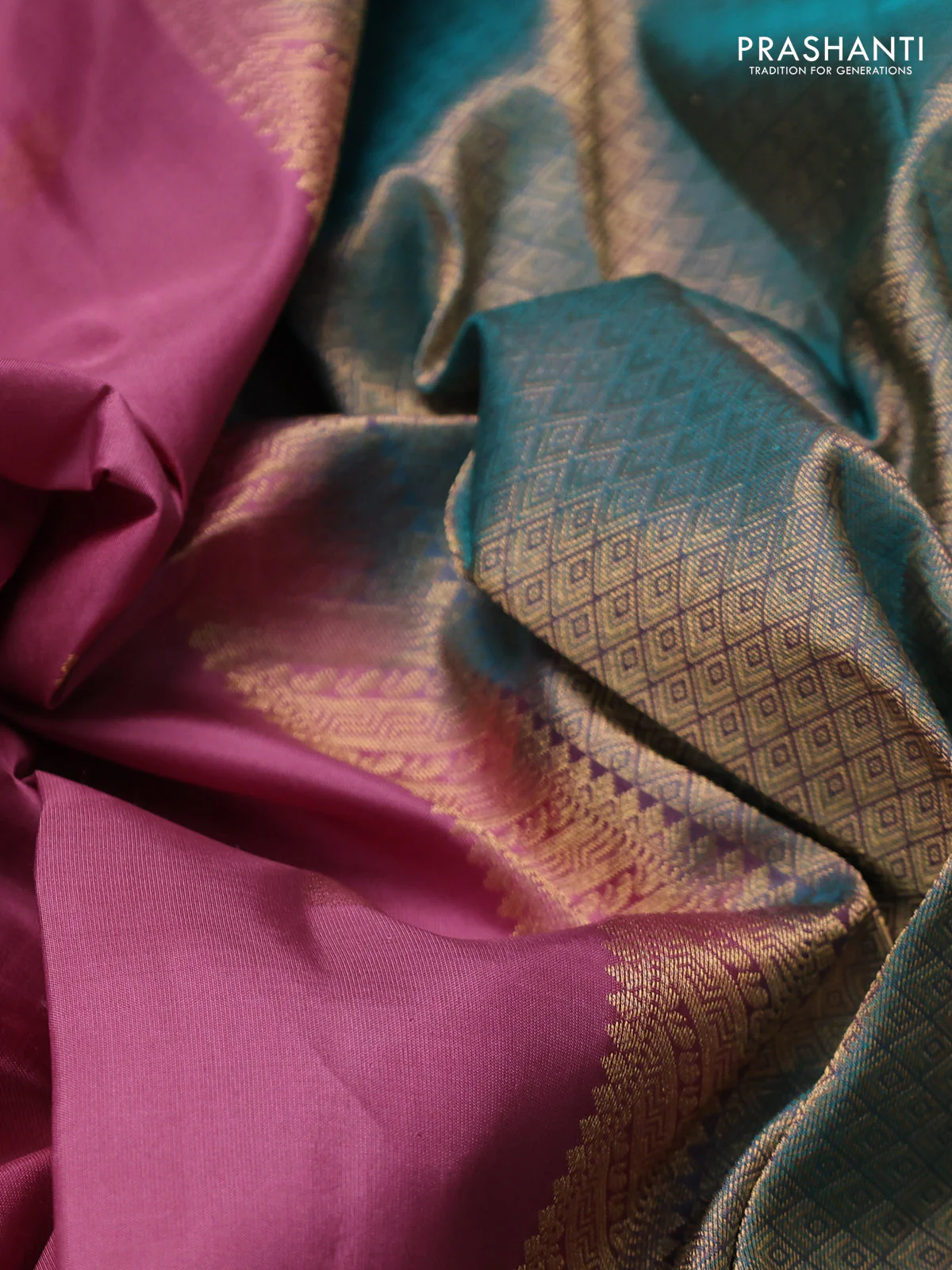 Pure kanchipuram silk saree mauve pink and teal green with zari woven buttas and rettapet zari woven border - Image 3