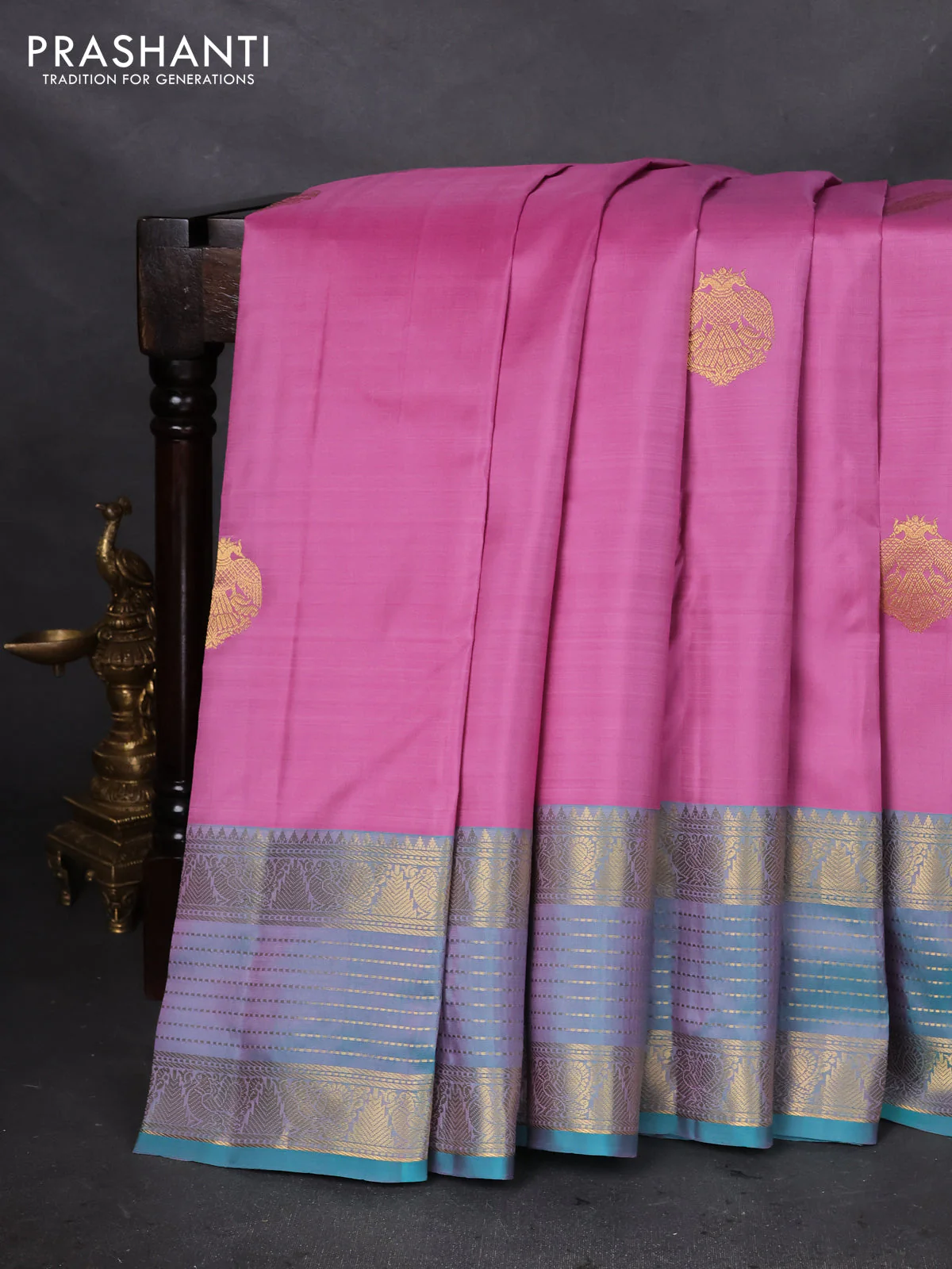 Pure kanchipuram silk saree mauve pink and teal green with zari woven buttas and rich zari woven border