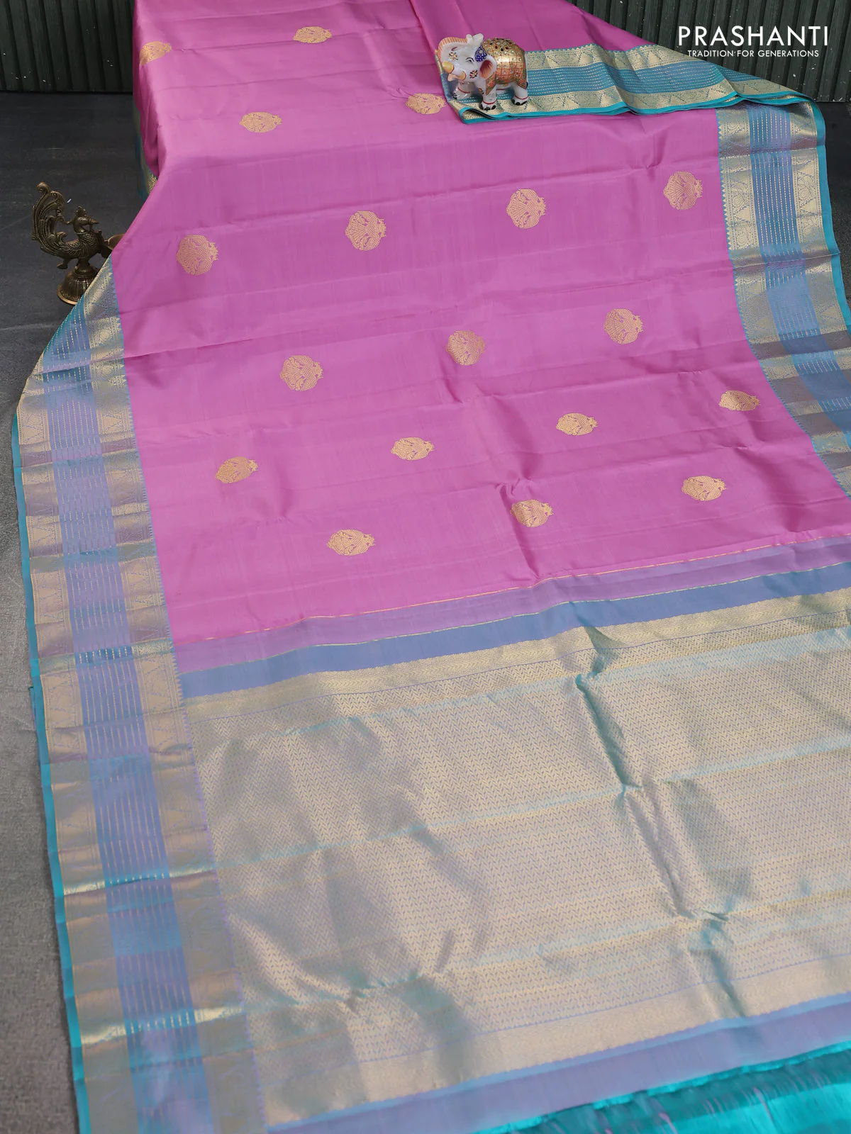 Pure kanchipuram silk saree mauve pink and teal green with zari woven buttas and rich zari woven border - Image 2