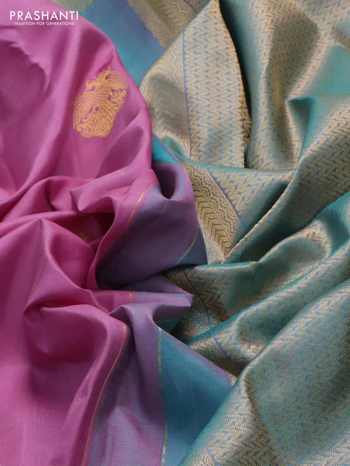 Pure kanchipuram silk saree mauve pink and teal green with zari woven buttas and rich zari woven border - Image 3