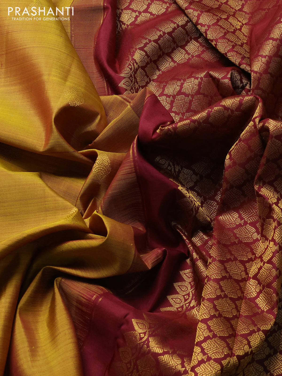 Pure kanchipuram silk saree mehendi green and deep maroon with zari woven buttas and rich zari woven border - Image 3