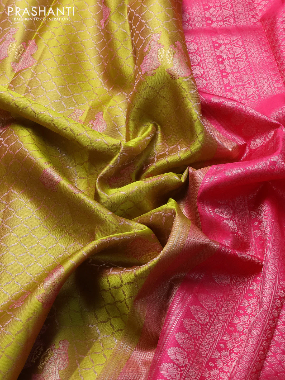 Pure kanchipuram silk saree mehendi green and pink with allover zari weaves & buttas and pallaku design zari woven border - Image 3