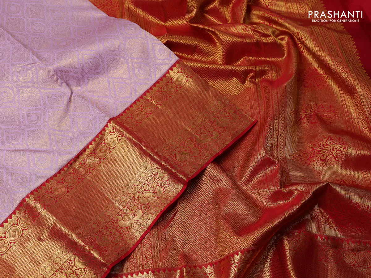Pure kanchipuram silk saree mild lavender and red with allover zari woven brocade weaves and long rich zari woven border - Image 3