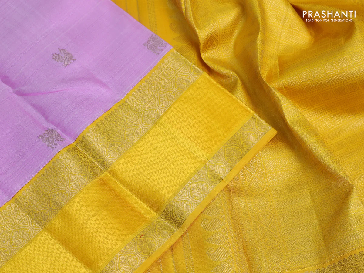 Pure kanchipuram silk saree mild lavender and yellow with zari woven buttas and rich zari woven korvai border - Image 3
