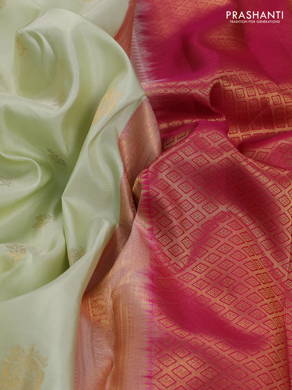 Pure kanchipuram silk saree mild pista green and pink with zari woven buttas and rich zari woven korvai border - Image 3