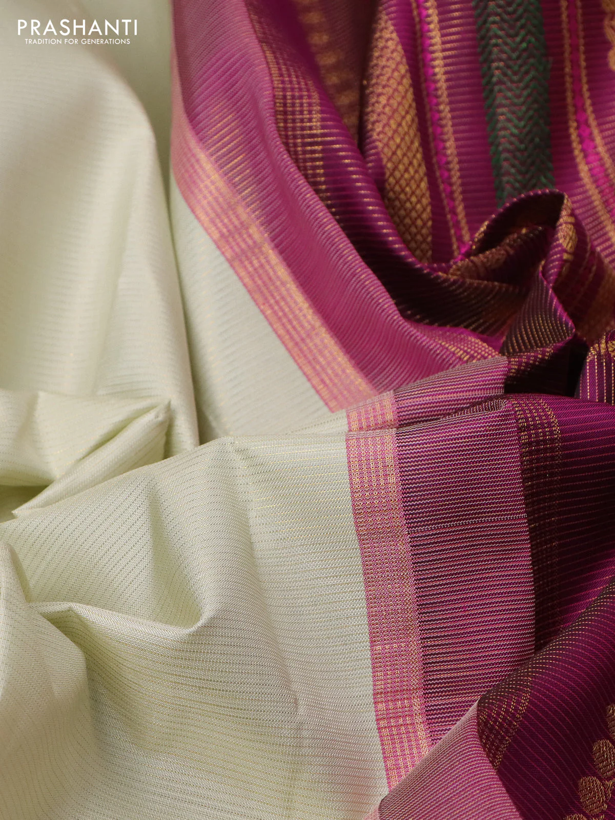 Pure kanchipuram silk saree mild pista green and purple with allover zari woven stripe pattern and zari woven korvai border - Image 3