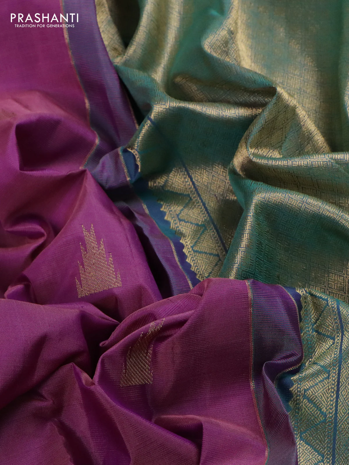 Pure kanchipuram silk saree mild purple and dual shade of teal green with zari woven buttas and long zari woven butta border - Image 3