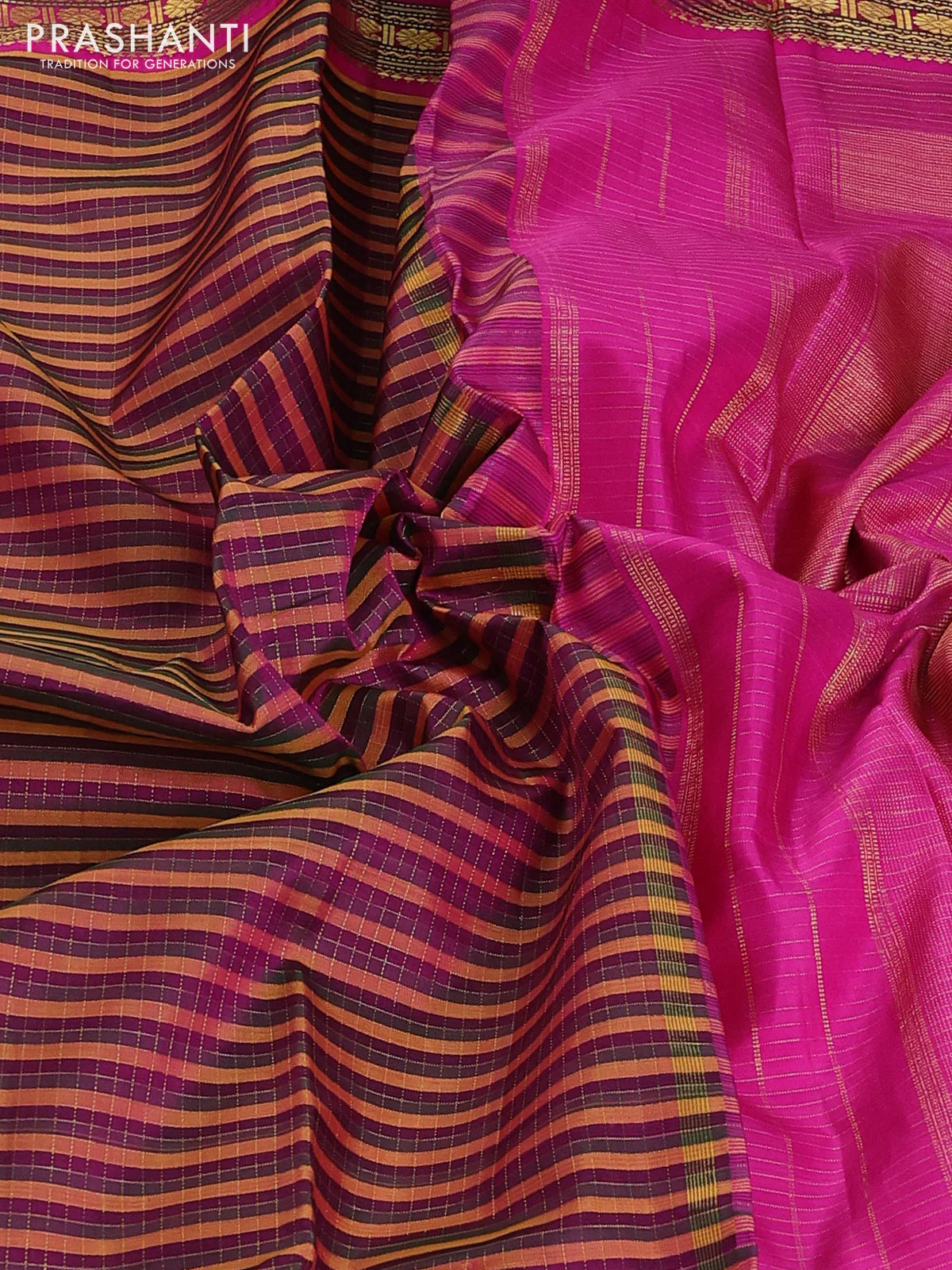Pure kanchipuram silk saree multi colour and pink green with allover zari checked pattern and long rettapet zari woven border - Image 3