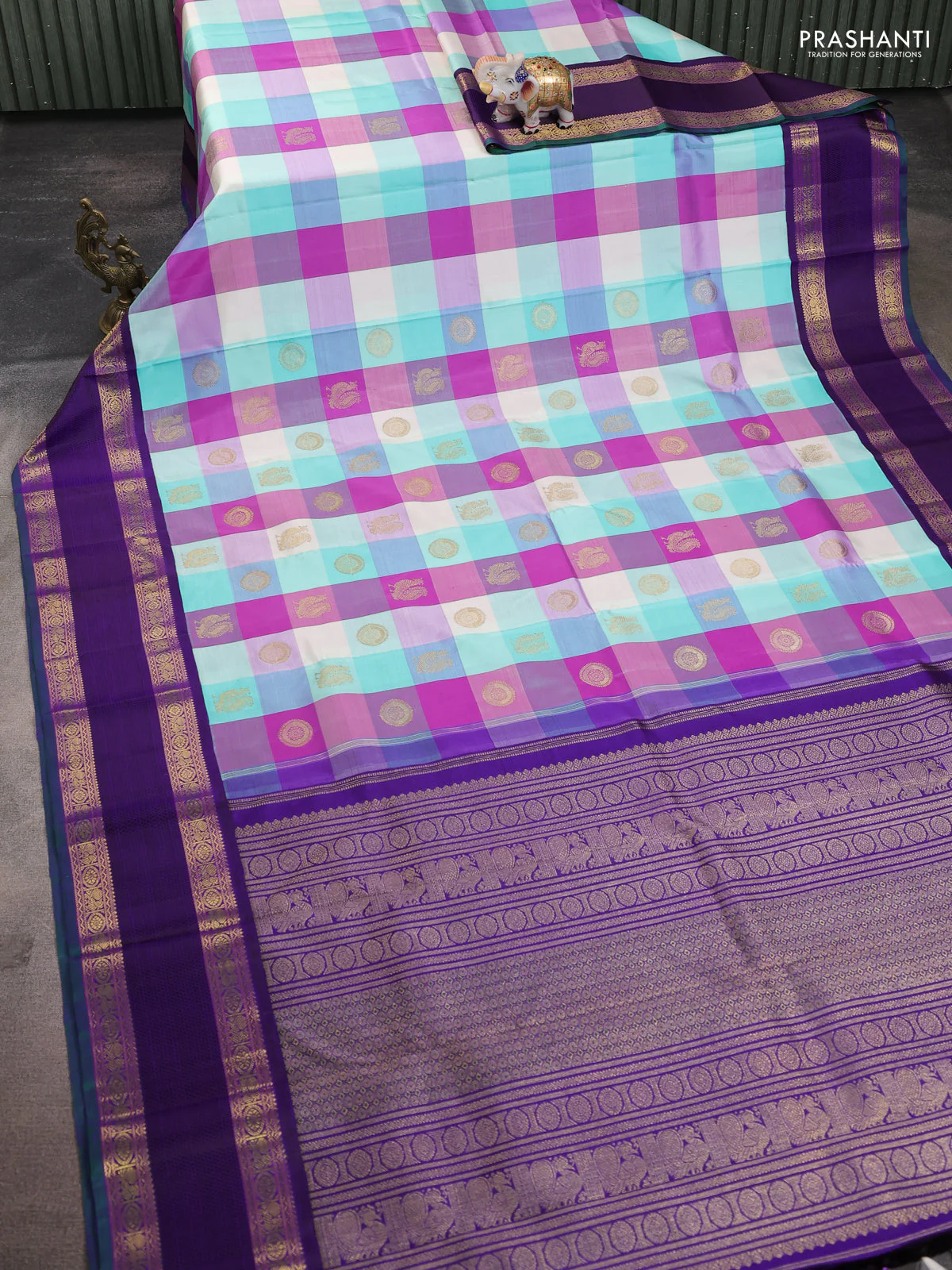 Pure kanchipuram silk saree multi colour and violet with allover paalum pazhamum checks & zari buttas and rich zari woven border - Image 2
