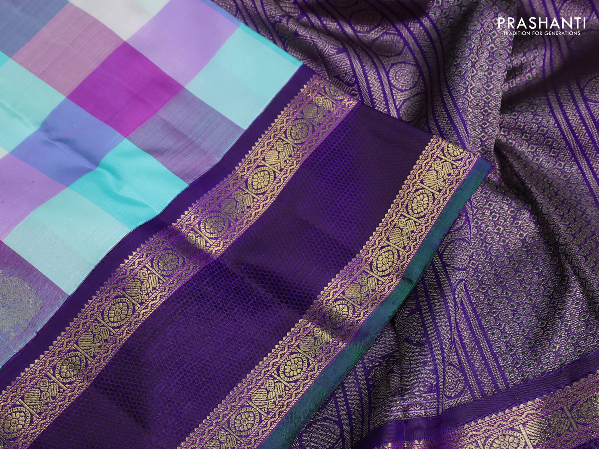 Pure kanchipuram silk saree multi colour and violet with allover paalum pazhamum checks & zari buttas and rich zari woven border - Image 3