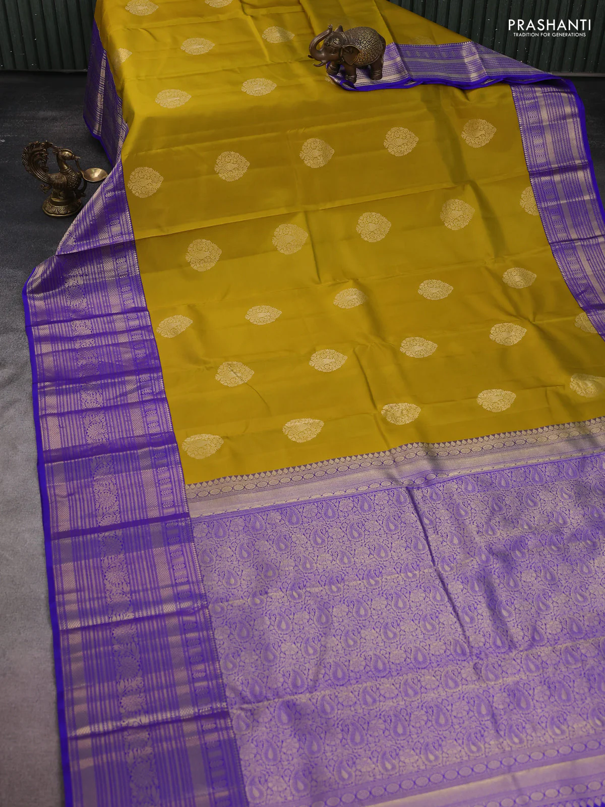 Pure kanchipuram silk saree mustard yellow and blue with zari woven buttas and long zari woven korvai border - Image 2