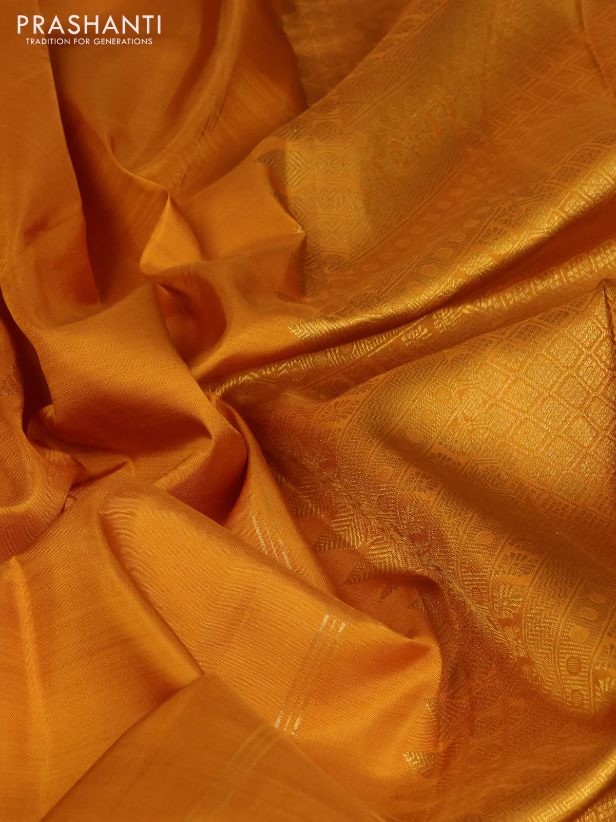 Pure kanchipuram silk saree mustard yellow and orange with silver & gold zari woven buttas and zari woven border - Image 3