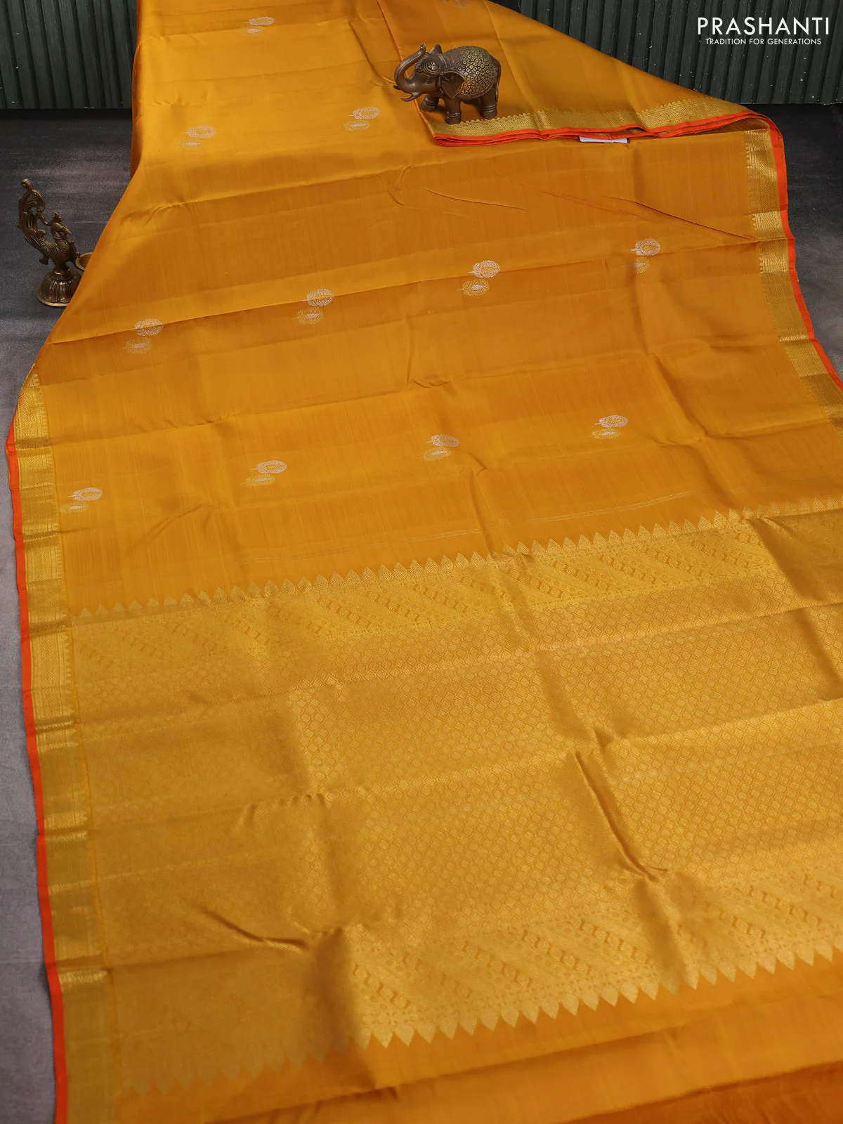 Pure kanchipuram silk saree mustard yellow and orange with zari woven buttas and rich zari woven border - Image 2