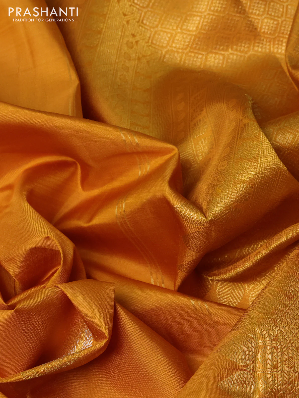 Pure kanchipuram silk saree mustard yellow and orange with zari woven buttas and rich zari woven border - Image 3