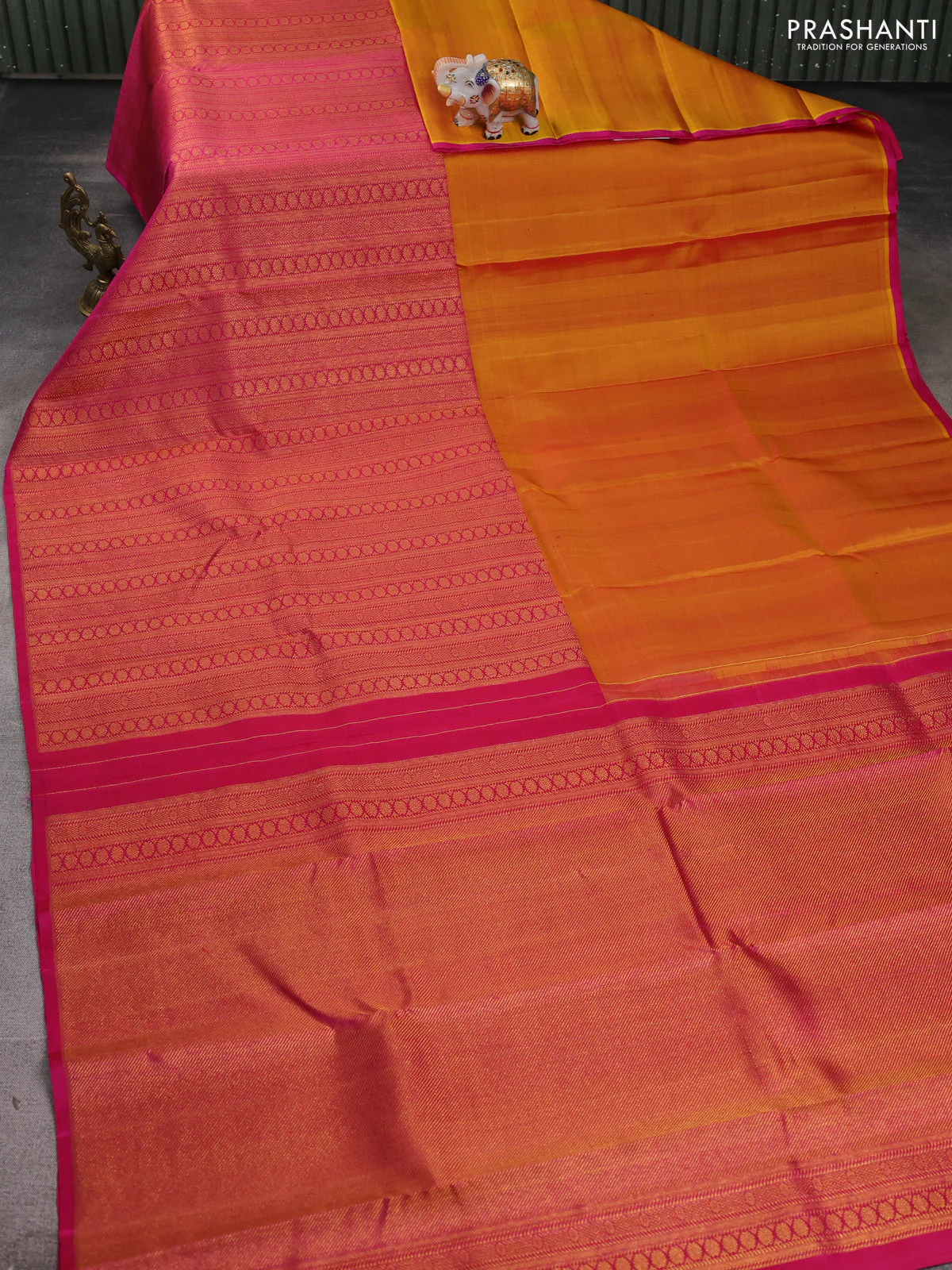 Pure kanchipuram silk saree mustard yellow and pink with half & half style and long zari woven border - Image 2