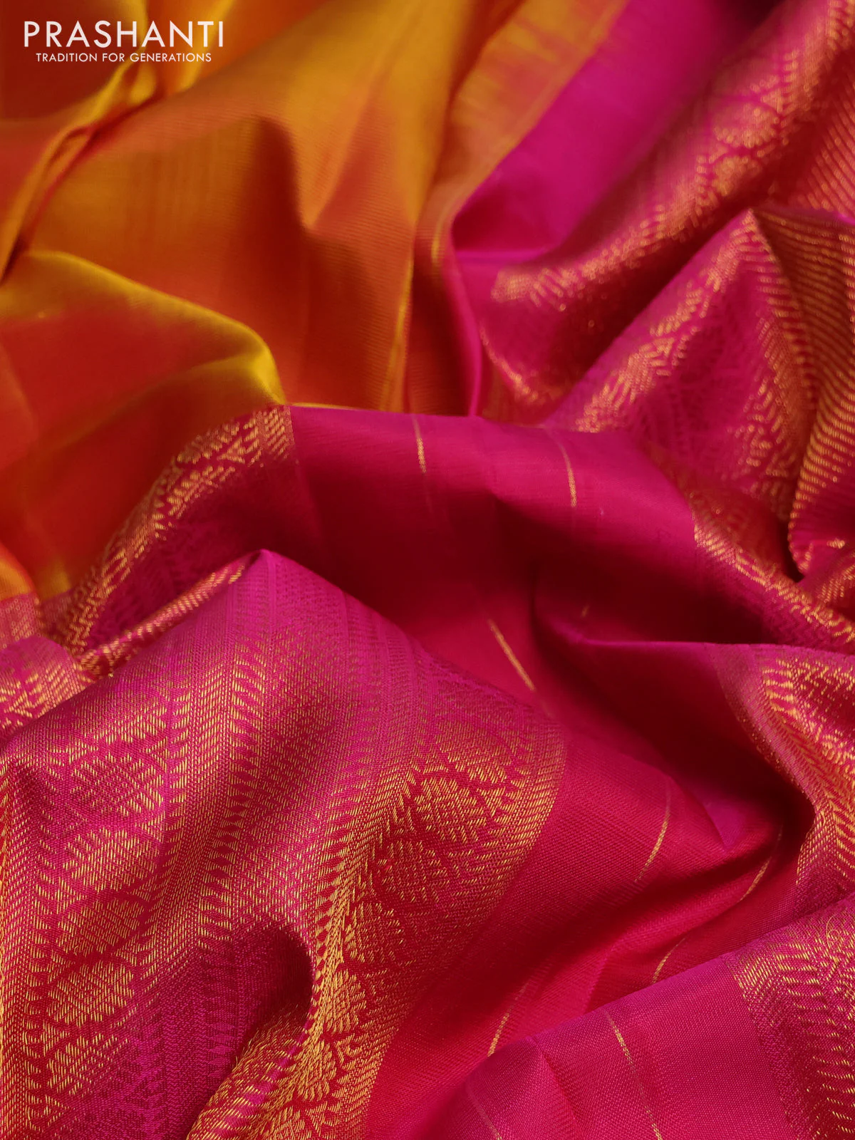 Pure kanchipuram silk saree mustard yellow and pink with half & half style and long zari woven border - Image 3