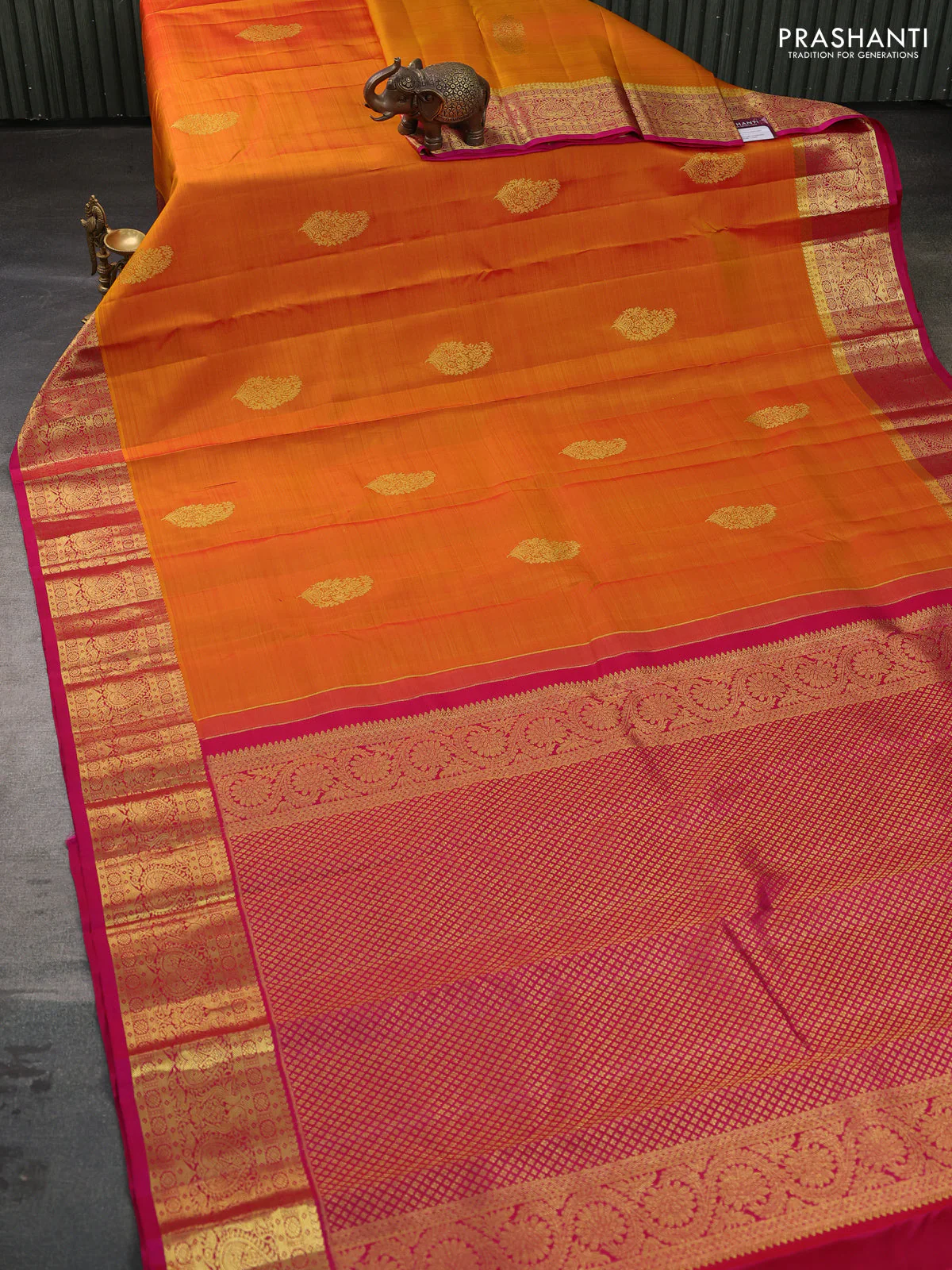 Pure kanchipuram silk saree mustard yellow and pink with zari woven buttas and zari woven border - Image 2