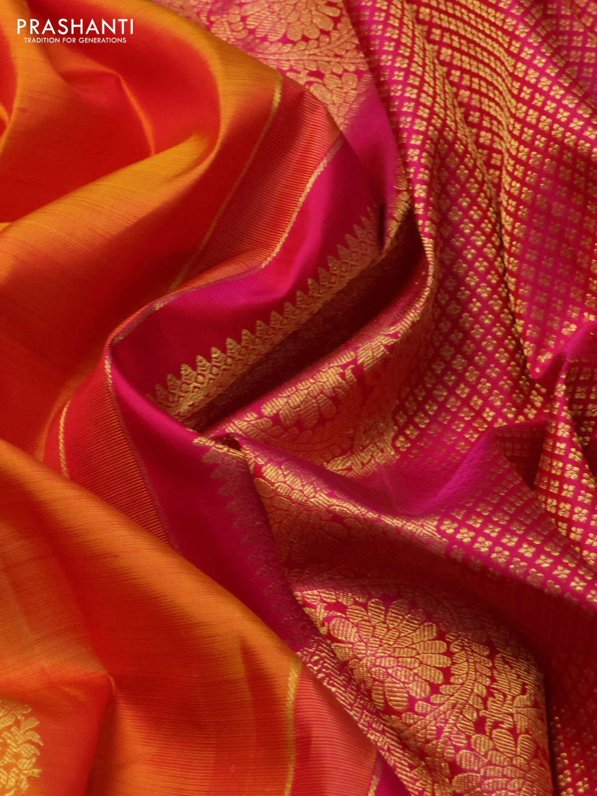 Pure kanchipuram silk saree mustard yellow and pink with zari woven buttas and zari woven border - Image 3