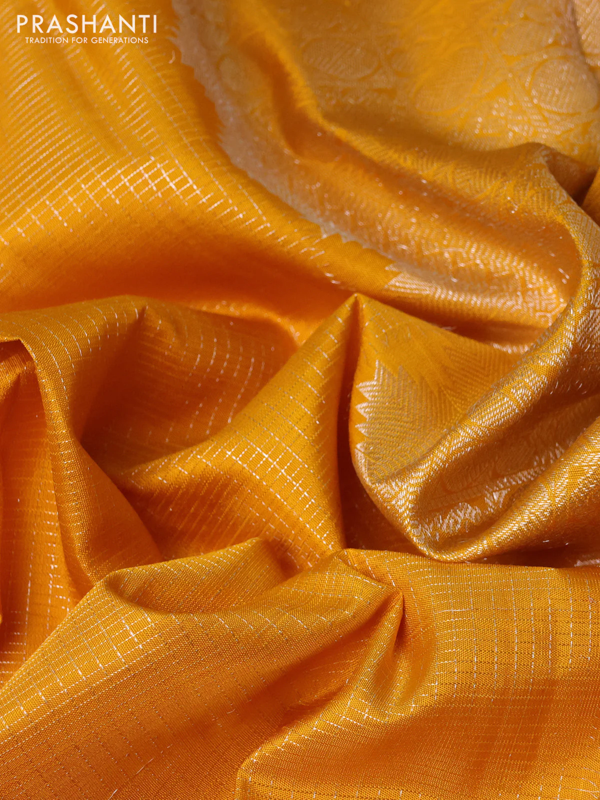 Pure kanchipuram silk saree mustard yellow with allover small zari checked pattern and rich zari woven butta border - Image 3