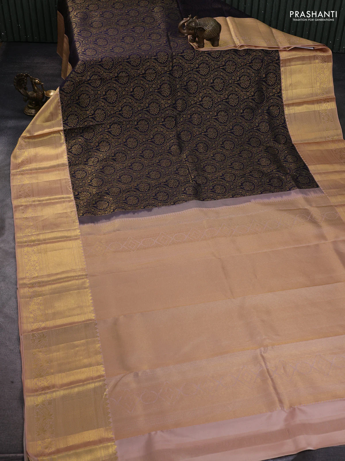 Pure kanchipuram silk saree navy blue and sandal with allover zari woven brocade weaves and long rich zari woven border - Image 2