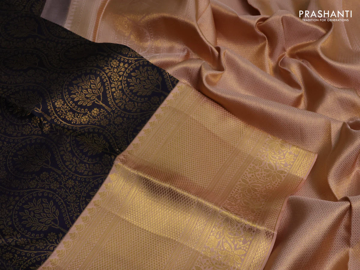 Pure kanchipuram silk saree navy blue and sandal with allover zari woven brocade weaves and long rich zari woven border - Image 3