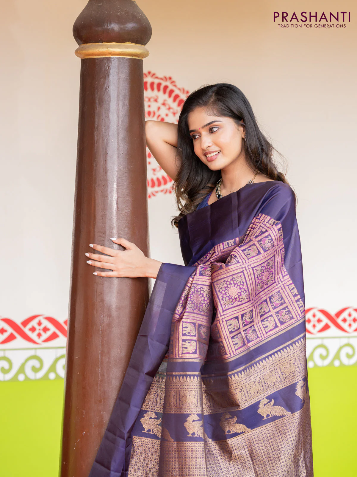 Pure kanchipuram silk saree navy blue with allover zari woven brocade weaves and simple border - Image 6