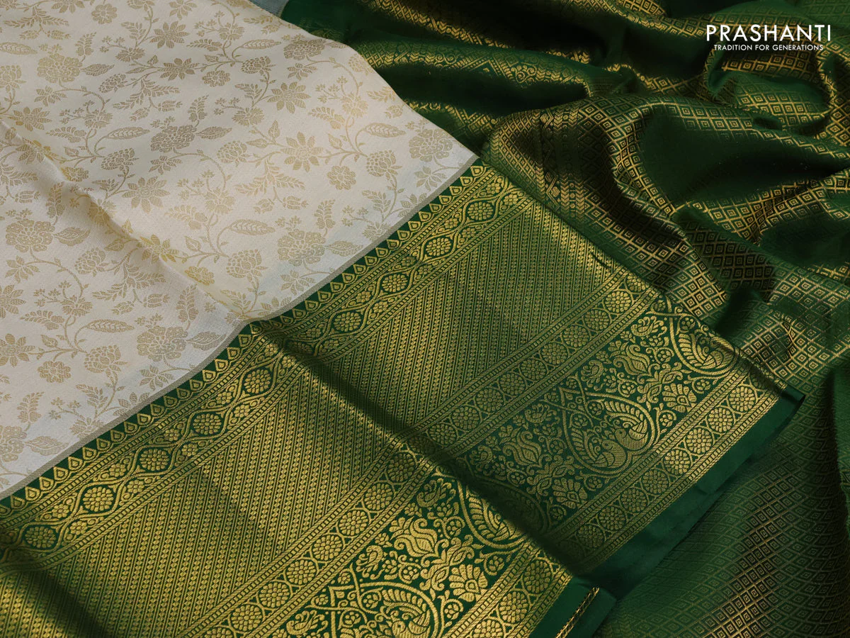Pure kanchipuram silk saree off white and green with allover zari woven brocade weaves and zari woven border - Image 3