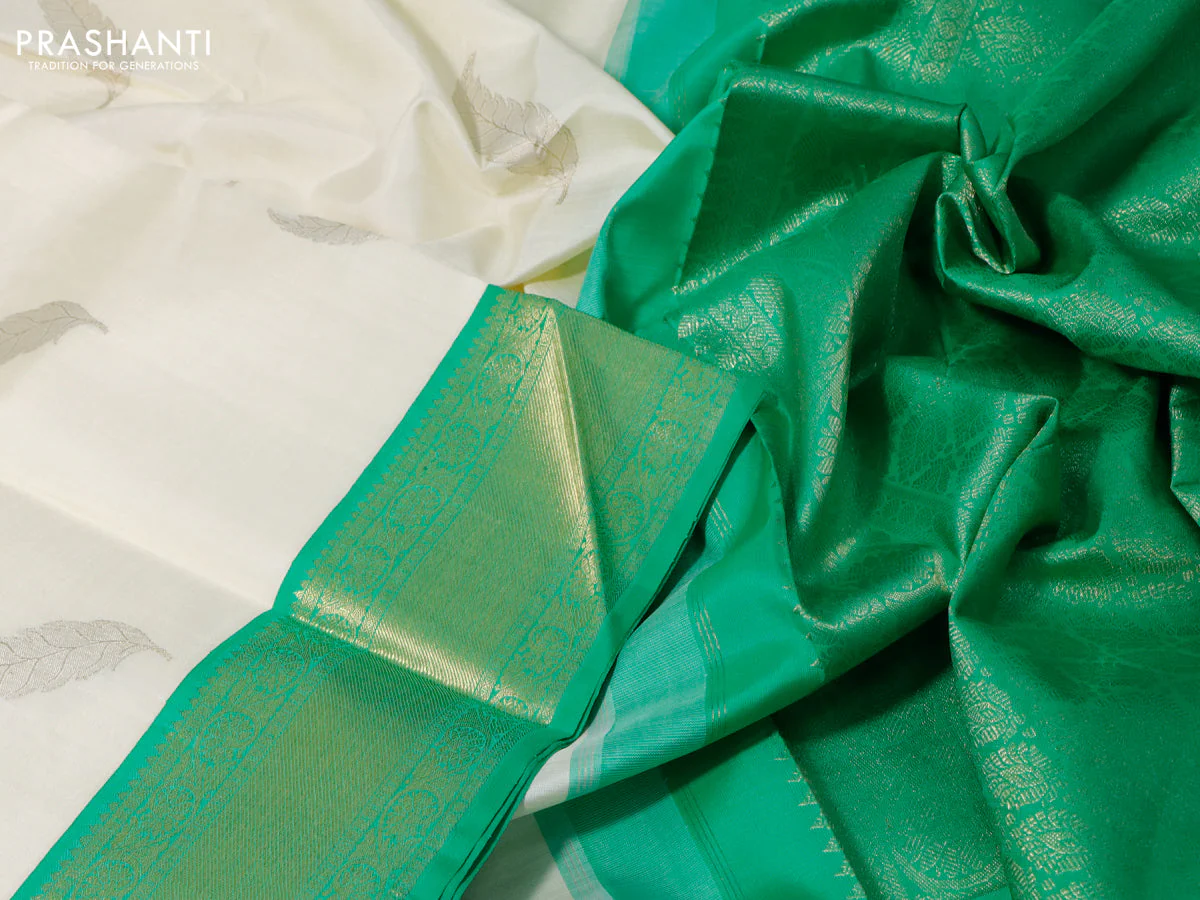 Pure kanchipuram silk saree off white and green with zari woven leaf buttas and zari woven border - Image 4
