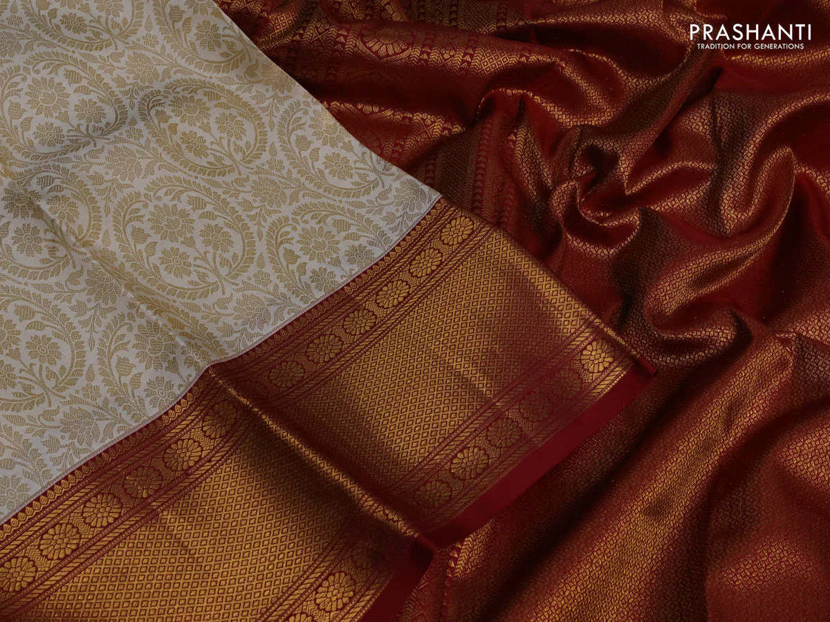 Pure kanchipuram silk saree off white and maroon with allover zari woven brocade weaves and zari woven border - Image 3