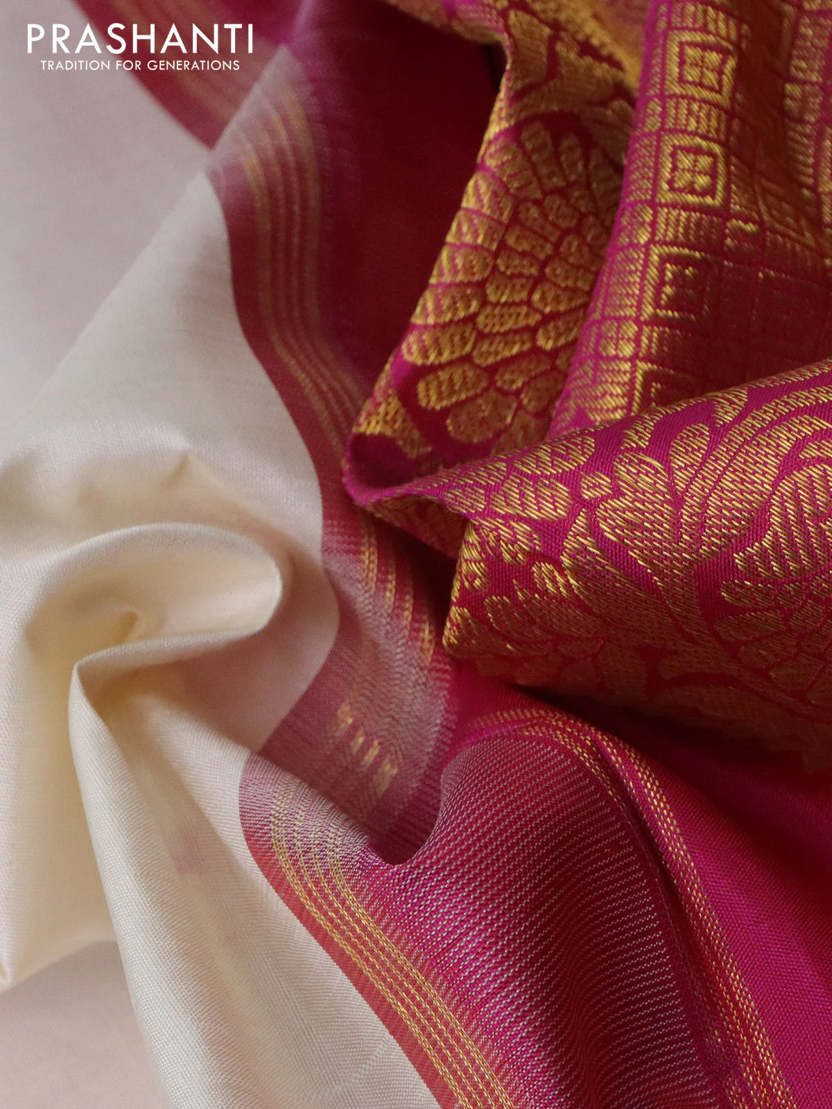 Pure kanchipuram silk saree off white and pink with zari woven buttas and rettapet zari woven border - Image 3