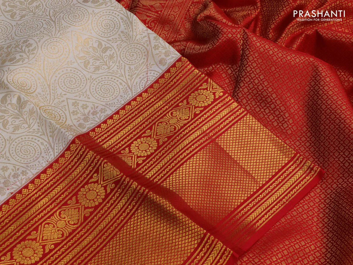 Pure kanchipuram silk saree off white and red with allover zari woven brocade weaves and zari woven border - Image 3