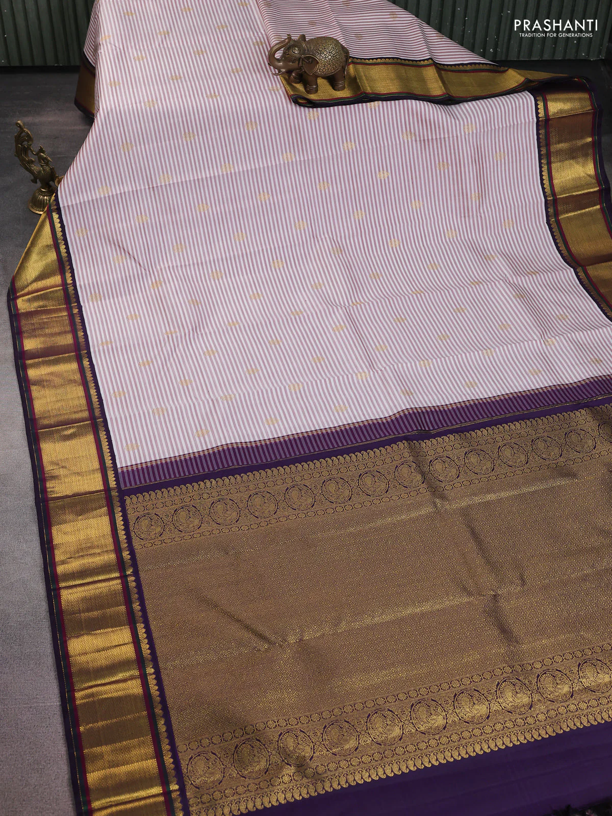 Pure kanchipuram silk saree off white maroon and jamun shade with allover stripe pattern & zari buttas and rich zari woven border - Image 2