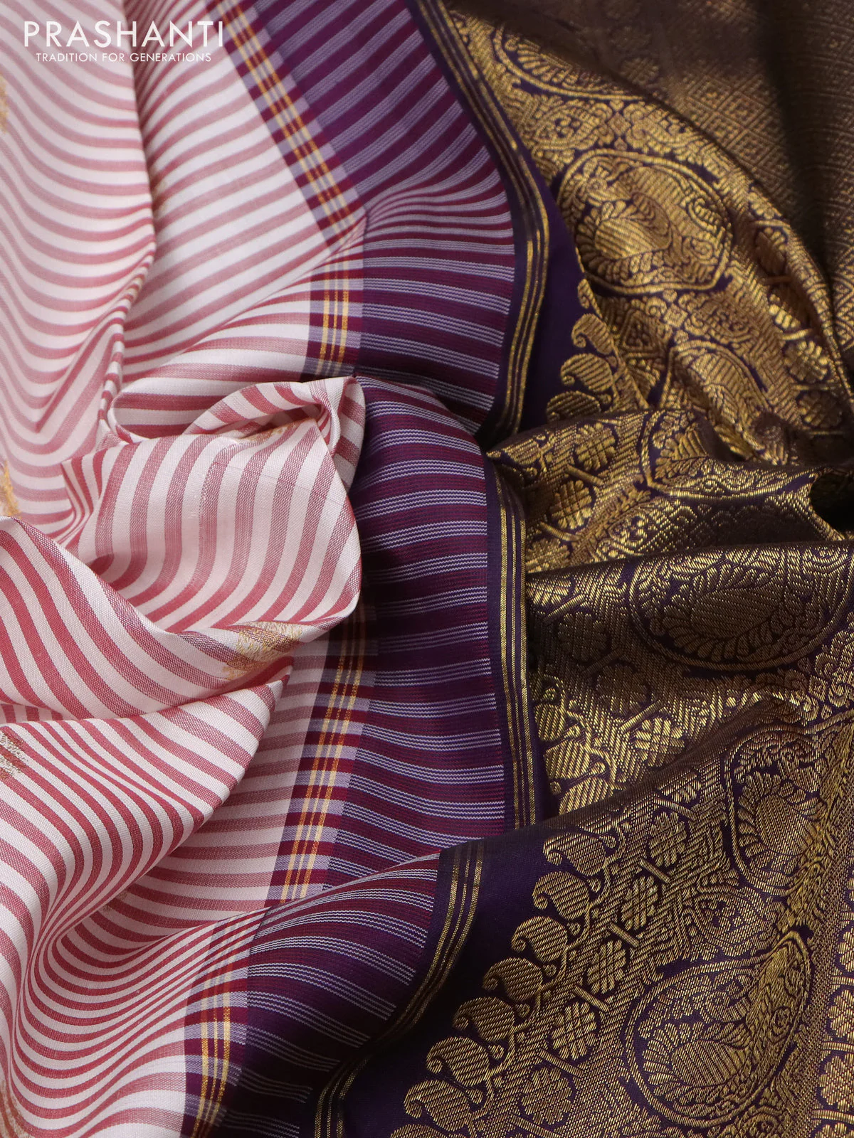 Pure kanchipuram silk saree off white maroon and jamun shade with allover stripe pattern & zari buttas and rich zari woven border - Image 3