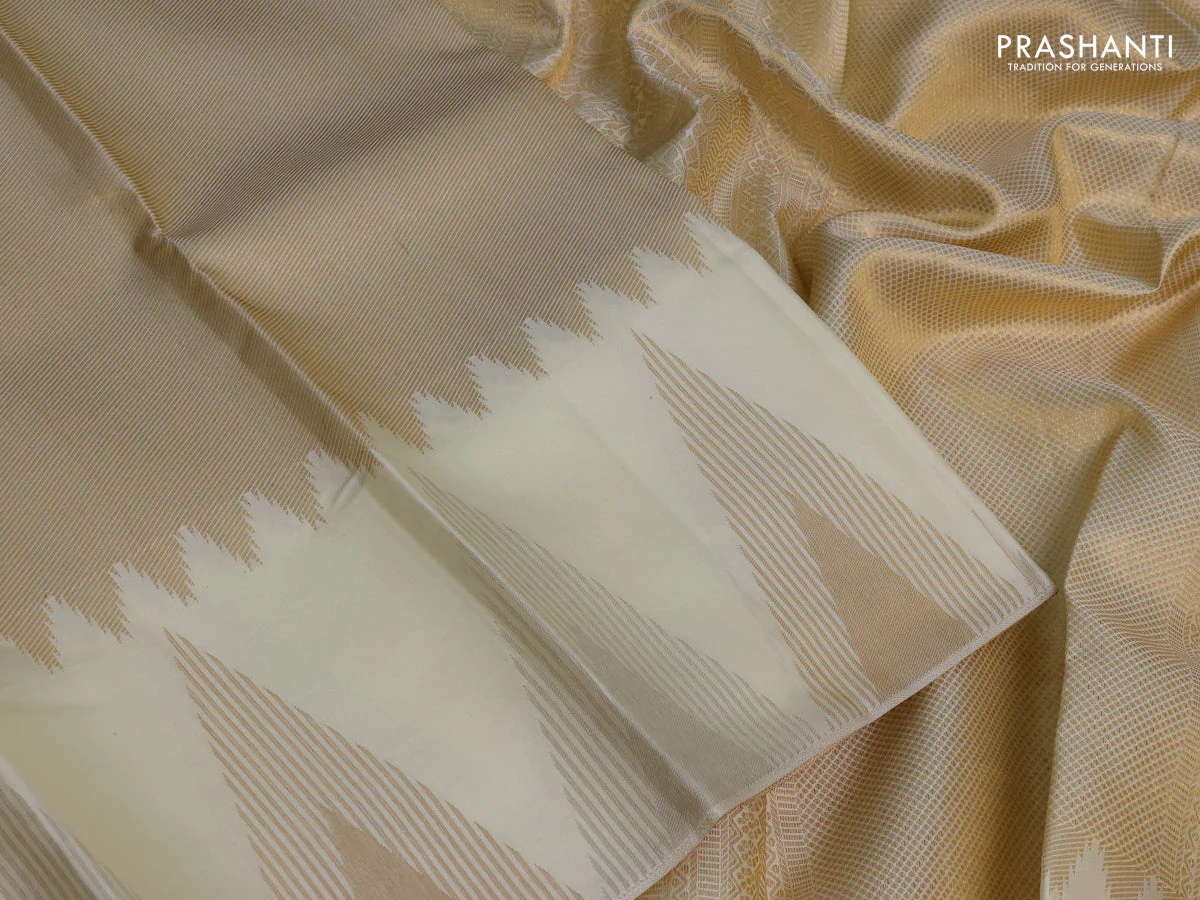 Pure kanchipuram silk saree off white with allover zari weaves and temple design zari woven border - Image 3