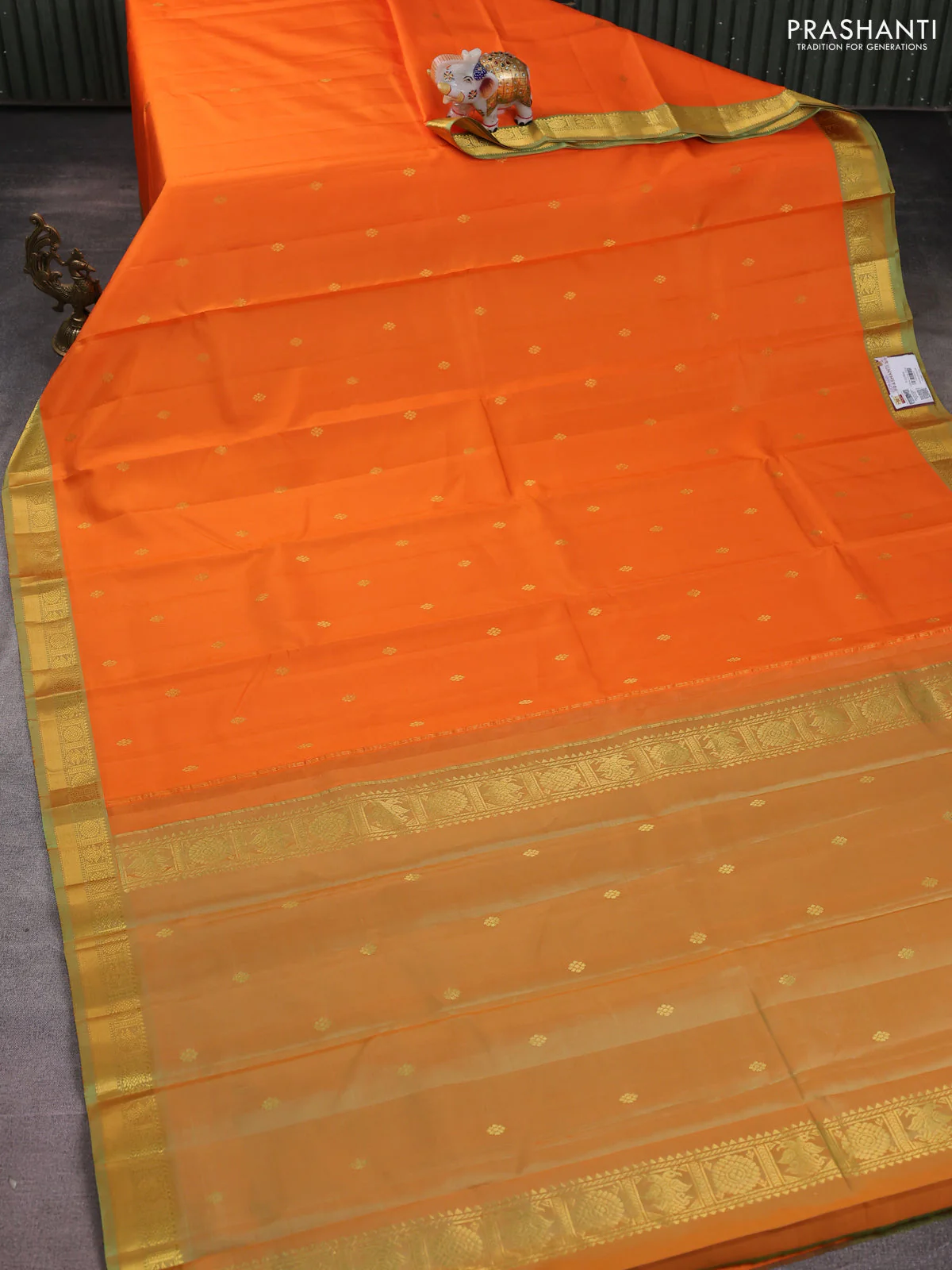 Pure kanchipuram silk saree orange and dual shade of pista green with zari woven buttas and rich zari woven border - Image 2