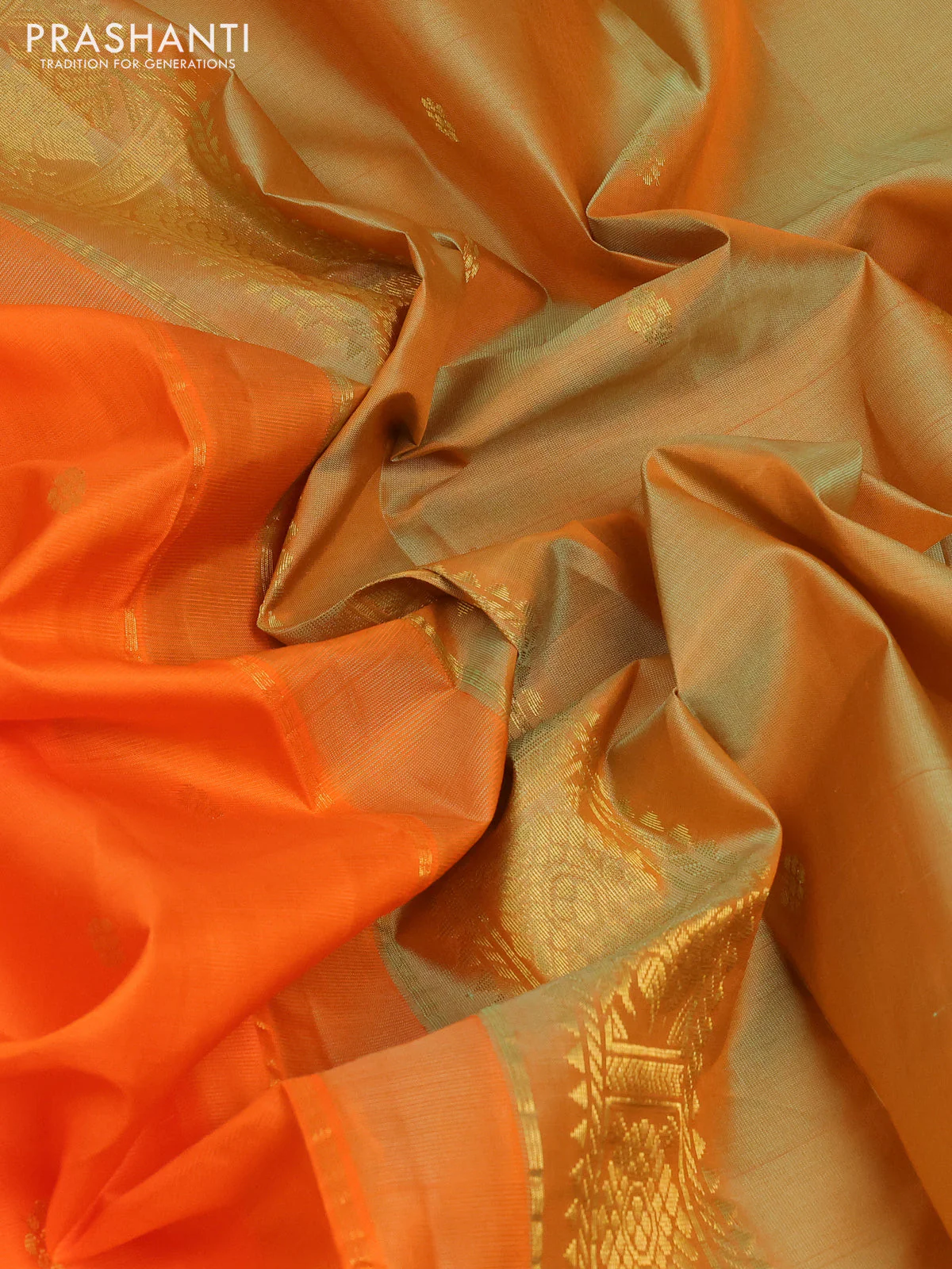 Pure kanchipuram silk saree orange and dual shade of pista green with zari woven buttas and rich zari woven border - Image 3