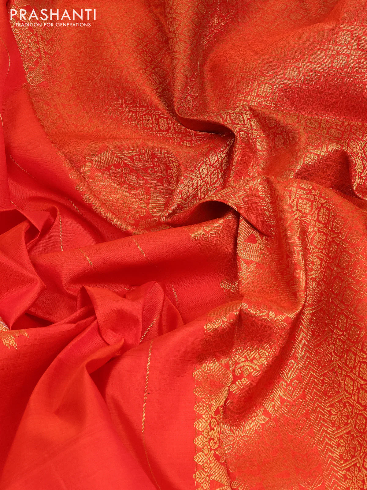 Pure kanchipuram silk saree orange and green with silver & gold zari woven buttas and zari woven border - Image 3