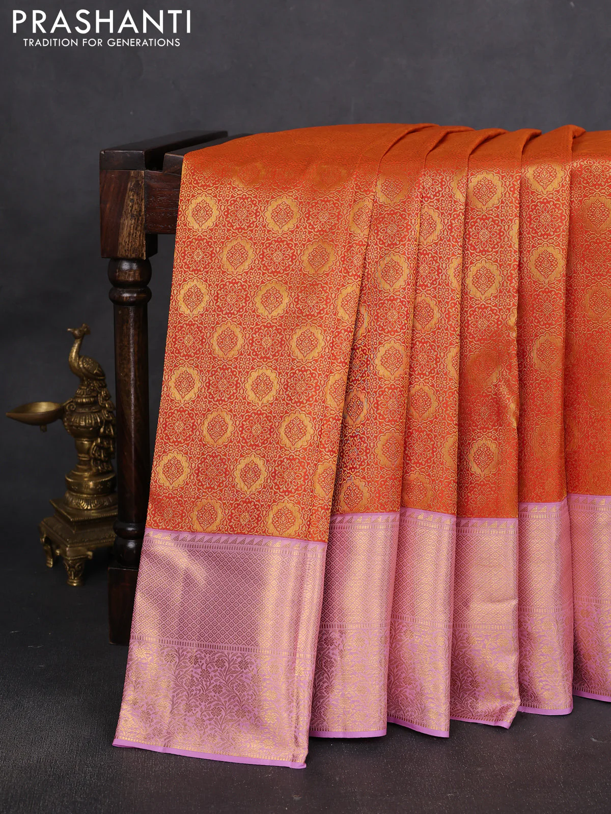 Pure kanchipuram silk saree orange and mild lavender with allover zari woven brocade weaves and rich zari woven border - Image 2