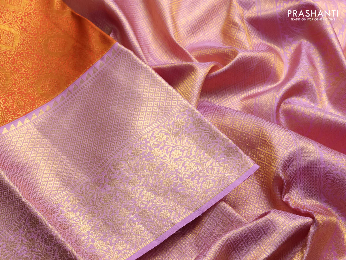 Pure kanchipuram silk saree orange and mild lavender with allover zari woven brocade weaves and rich zari woven border - Image 4