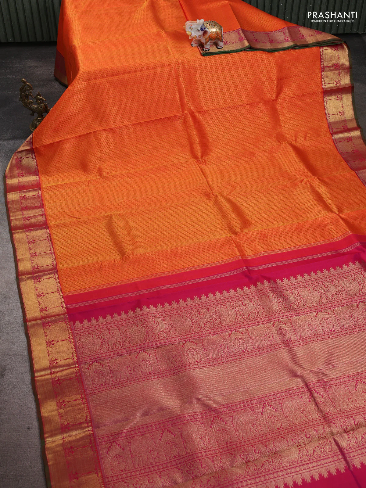 Pure kanchipuram silk saree orange and pink with allover self emboss and rich zari woven border - Image 2