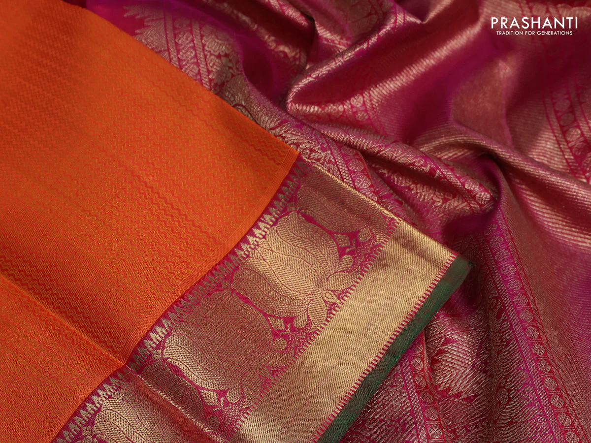 Pure kanchipuram silk saree orange and pink with allover self emboss and rich zari woven border - Image 3