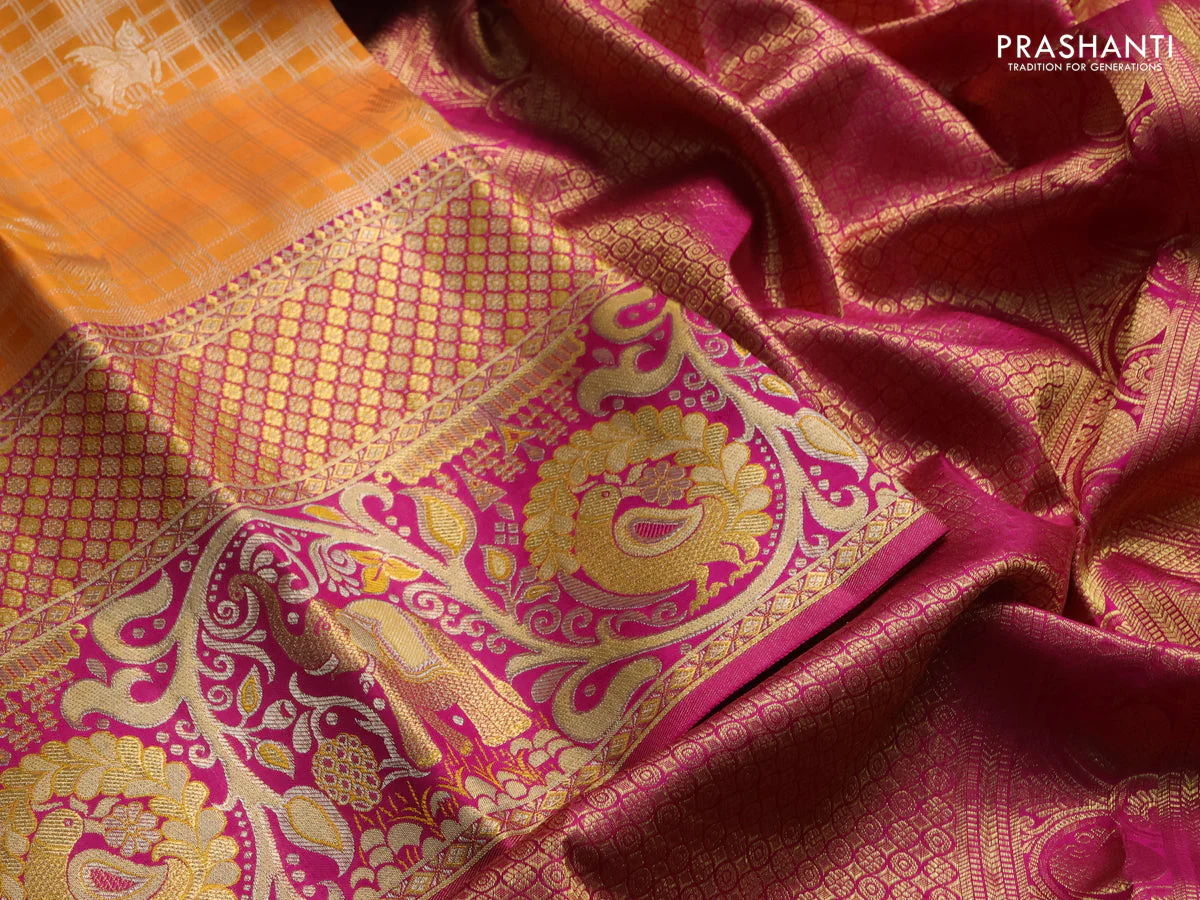 Pure kanchipuram silk saree orange and pink with allover zari woven brocade weaves and long rich elephant & annam zari woven border - Image 4