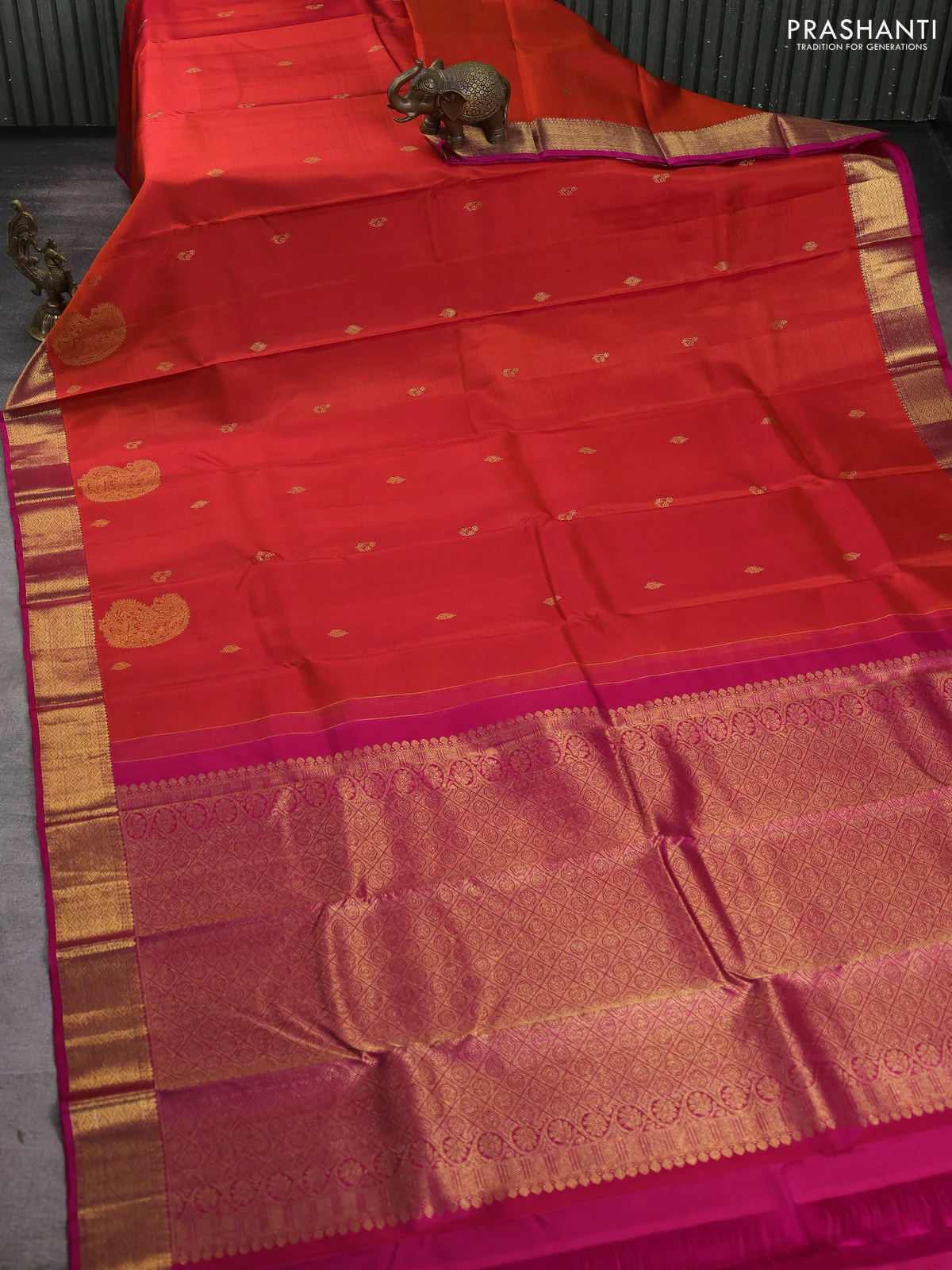 Pure kanchipuram silk saree orange and pink with zari woven buttas and rich zari woven border - Image 2