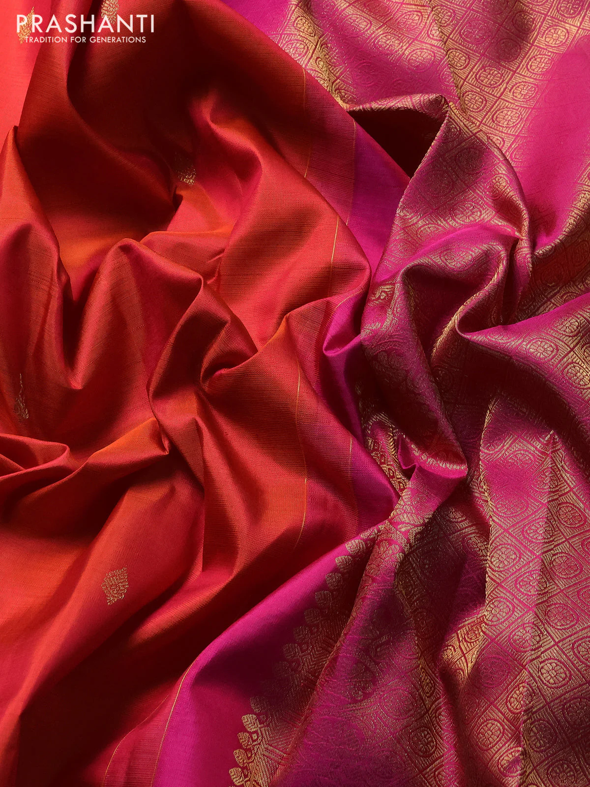 Pure kanchipuram silk saree orange and pink with zari woven buttas and rich zari woven border - Image 3