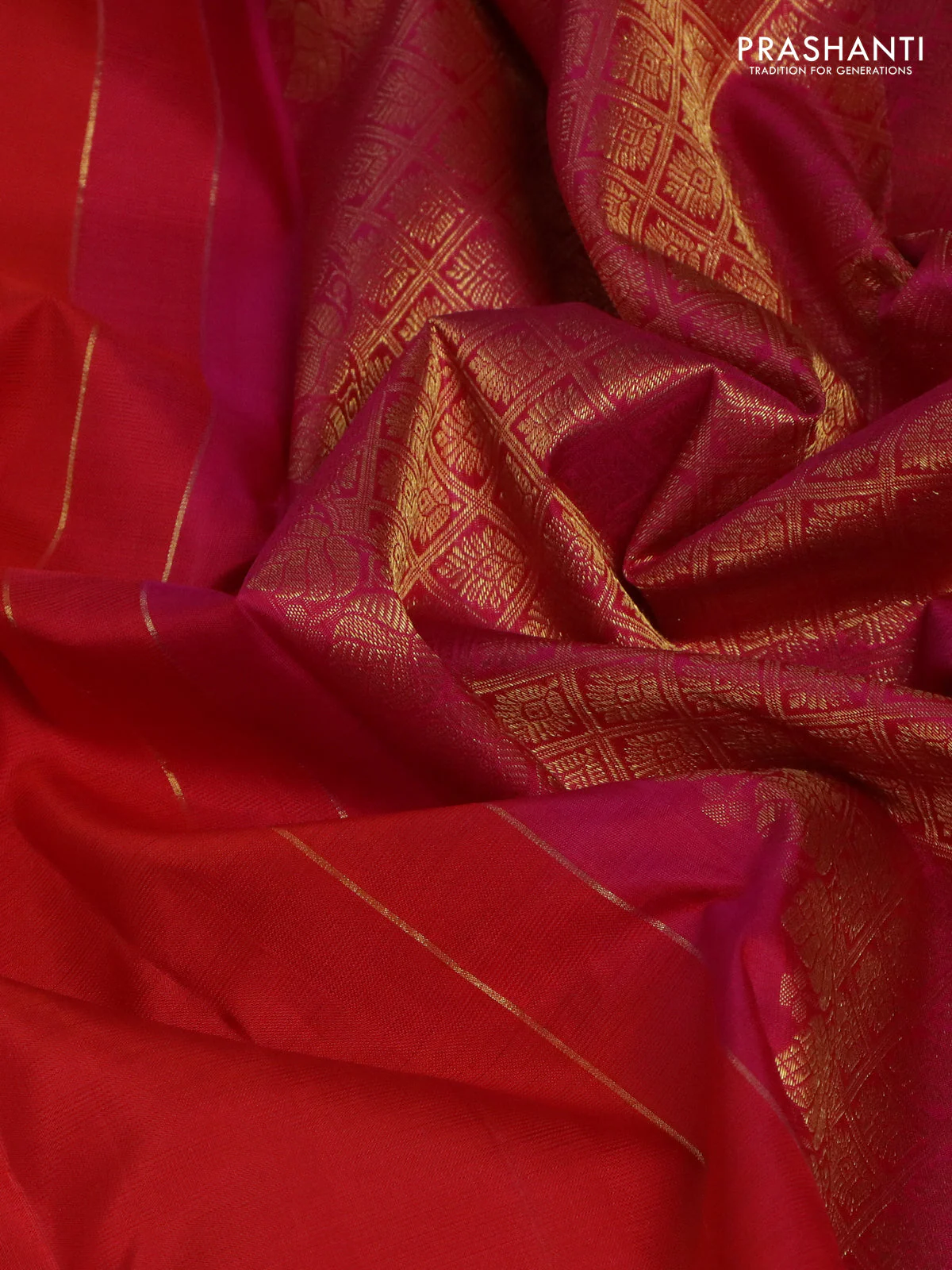 Pure kanchipuram silk saree orange and pink with zari woven buttas and zari woven border - Image 3