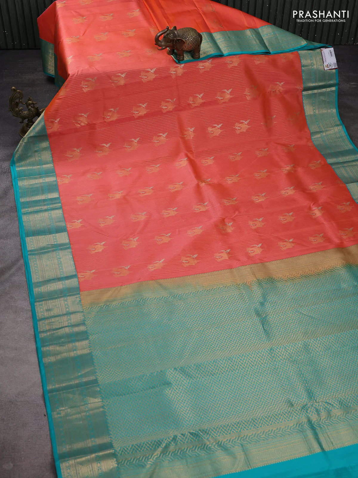 Pure kanchipuram silk saree orange and teal green with allover zari weaves & buttas and zari woven korvai border - Image 2