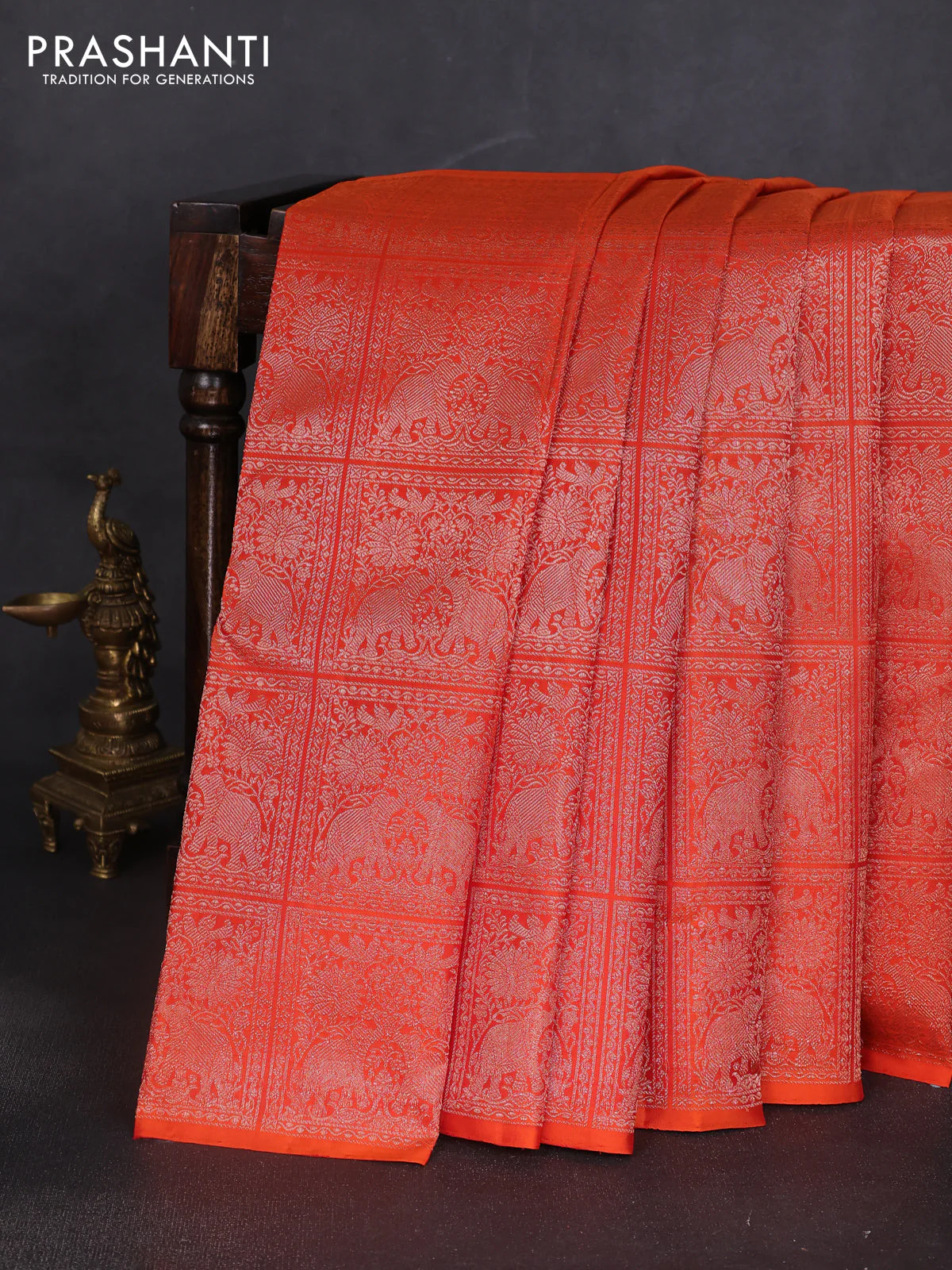 Pure kanchipuram silk saree orange with half & half style and long zari woven border