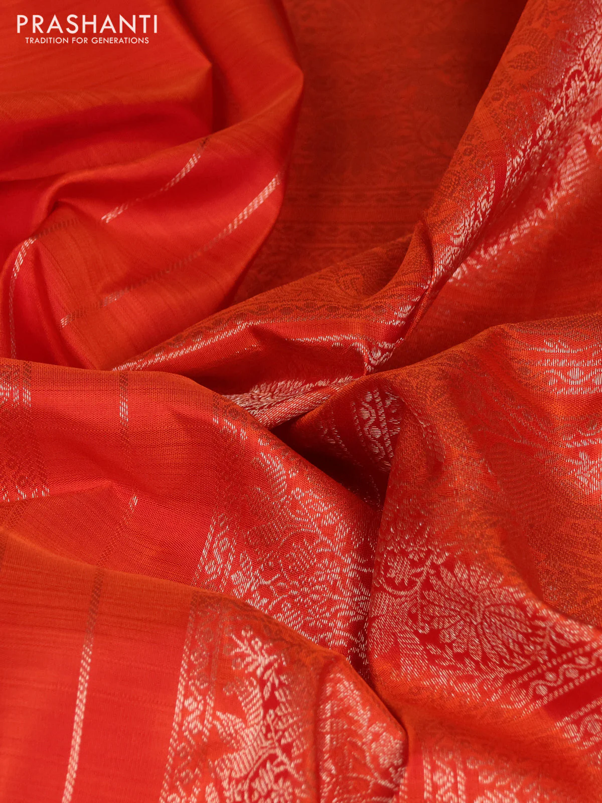 Pure kanchipuram silk saree orange with half & half style and long zari woven border - Image 3