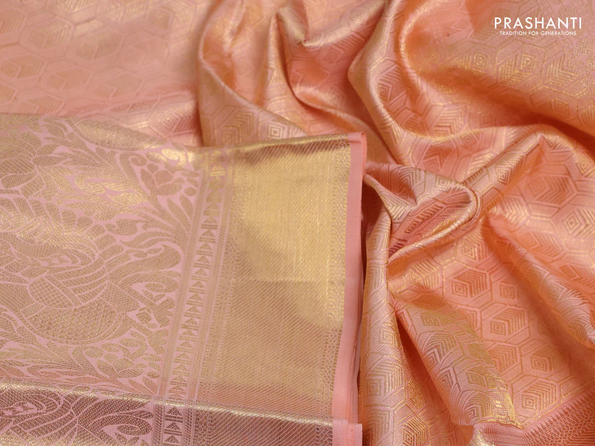 Pure kanchipuram silk saree pale orange with allover silver & gold zari leheriya weaves and long annam zari woven border - Image 3